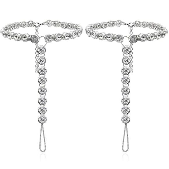 Silver and White Diamond Austrian Crystal Anklet Foot Chains - Set of 2 - Picture 2 of 6